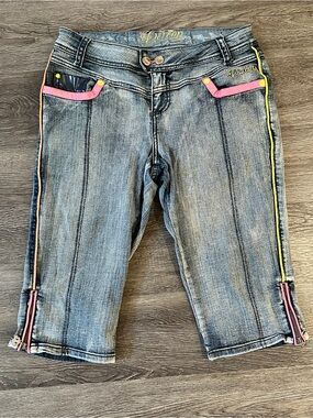 Y2K Dereon Low Rise Capri Jeans 7/8 Neon Trim Zip Hem McBling Vintage